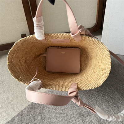 Celine Teen Supple Classic Panier In Raffia and Calfskin Pink