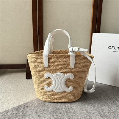Celine Teen Supple Classic Panier In Raffia and Calfskin White
