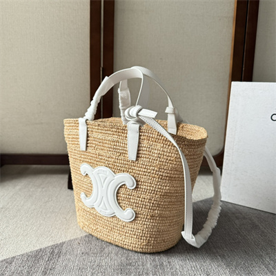 Celine Teen Supple Classic Panier In Raffia and Calfskin White