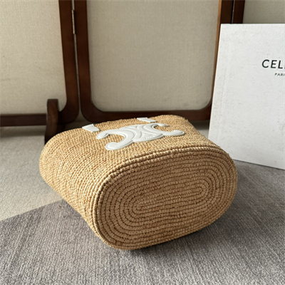 Celine Teen Supple Classic Panier In Raffia and Calfskin White