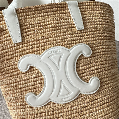 Celine Teen Supple Classic Panier In Raffia and Calfskin White