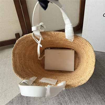 Celine Teen Supple Classic Panier In Raffia and Calfskin White