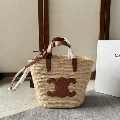 Celine Teen Supple Classic Panier In Raffia and Calfskin Brown