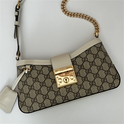 Gu.cci Padlock Small Shoulder Bag Beige and ebony GG Supreme canvas White Leather Trim 811705