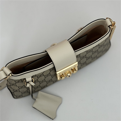 Gu.cci Padlock Small Shoulder Bag Beige and ebony GG Supreme canvas White Leather Trim 811705