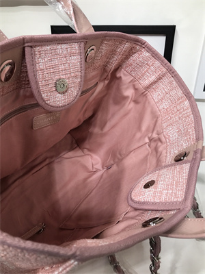 Cha.nel Deauville Large Shopping Bag Mixed Linen Fibers Silver Tone Metal Pink A66941