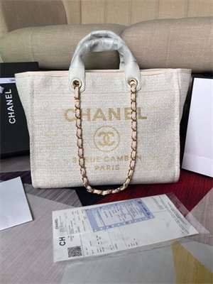 Chanel Deauville Large Shopping Bag Mixed Fibers Gold Tone Metal Cream A66941