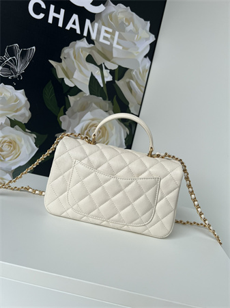 Chanel Mini Flap Bag With Top Handle Grained Calfskin Gold Tone Metal White AS2431
