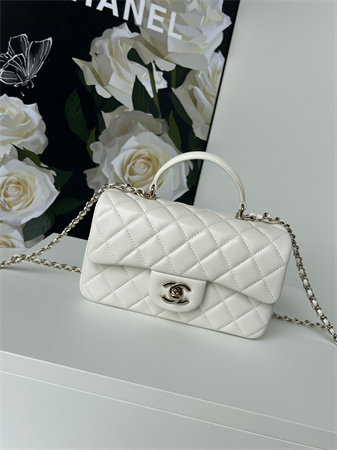 Chanel Mini Flap Bag With Top Handle Lambskin Gold Tone Metal White AS2431