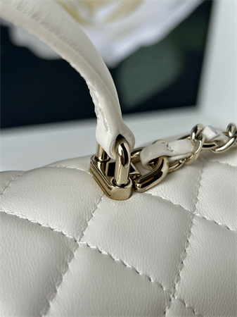 Chanel Mini Flap Bag With Top Handle Lambskin Gold Tone Metal White AS2431