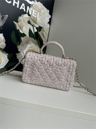 Chanel Mini Flap Bag With Top Handle Tweed Gold Tone Metal Pink AS2431