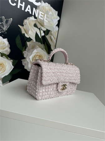 Chanel Mini Flap Bag With Top Handle Tweed Gold Tone Metal Pink AS2431