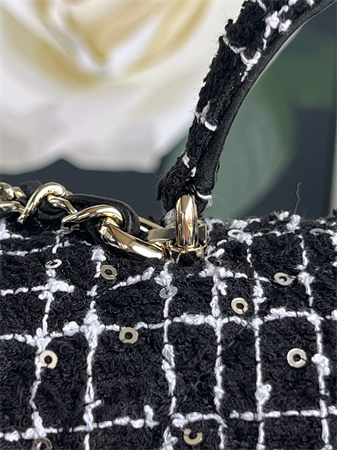 Chanel Mini Flap Bag With Top Handle Tweed Gold Tone Metal Black/White AS2431