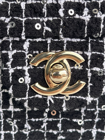 Chanel Mini Flap Bag With Top Handle Tweed Gold Tone Metal Black/White AS2431