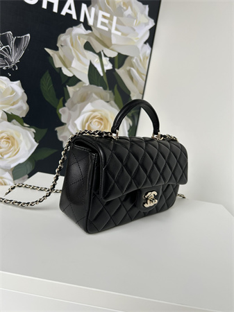 Chanel Mini Flap Bag With Top Handle Lambskin Gold Tone Metal Black AS2431