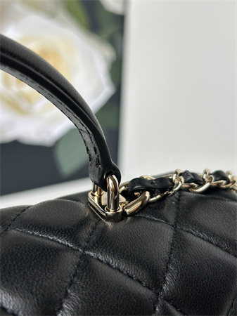 Chanel Mini Flap Bag With Top Handle Lambskin Gold Tone Metal Black AS2431