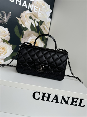 Chanel Mini Flap Bag With Top Handle Lambskin Petwer Tone Metal Black AS2431