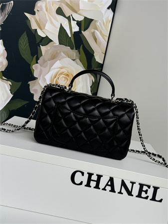 Chanel Mini Flap Bag With Top Handle Lambskin Silver Tone Metal Black AS2431