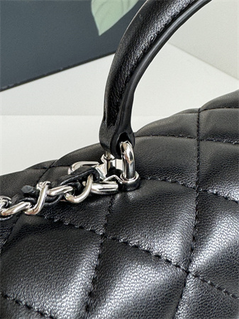 Chanel Mini Flap Bag With Top Handle Lambskin Silver Tone Metal Black AS2431