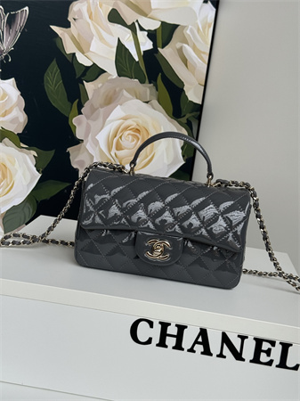 Chanel Mini Flap Bag With Top Handle Patent Calfskin Gold Tone Metal Grey AS2431