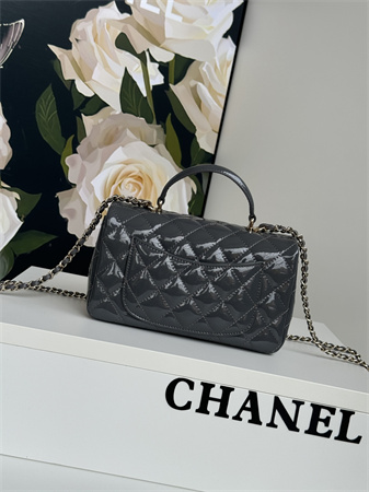Chanel Mini Flap Bag With Top Handle Patent Calfskin Gold Tone Metal Grey AS2431