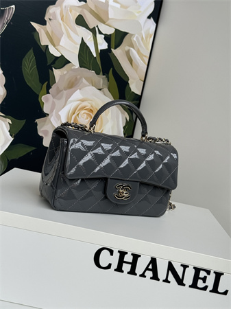 Chanel Mini Flap Bag With Top Handle Patent Calfskin Gold Tone Metal Grey AS2431