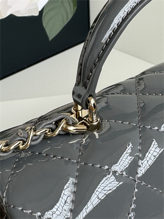 Chanel Mini Flap Bag With Top Handle Patent Calfskin Gold Tone Metal Grey AS2431