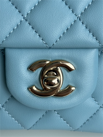Chanel Mini Flap Bag With Top Handle Lambskin Gold Tone Metal Blue AS2431