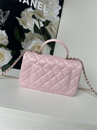 Chanel Mini Flap Bag With Top Handle Lambskin Gold Tone Metal Lt Pink AS2431