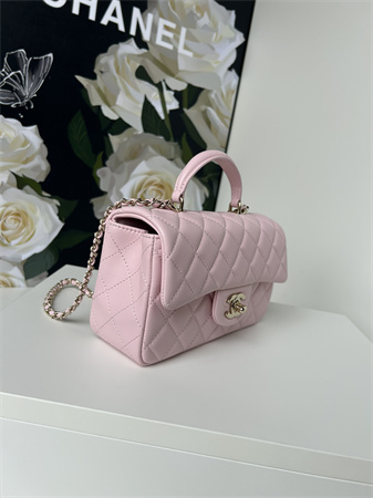 Chanel Mini Flap Bag With Top Handle Lambskin Gold Tone Metal Lt Pink AS2431
