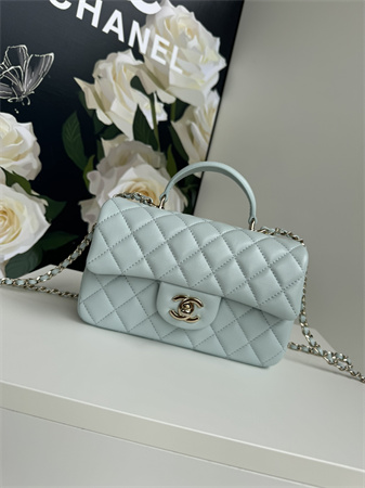Chanel Mini Flap Bag With Top Handle Lambskin Gold Tone Metal Pale Blue AS2431