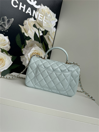 Chanel Mini Flap Bag With Top Handle Lambskin Gold Tone Metal Pale Blue AS2431