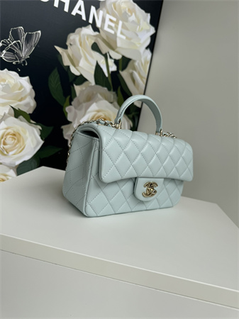 Chanel Mini Flap Bag With Top Handle Lambskin Gold Tone Metal Pale Blue AS2431