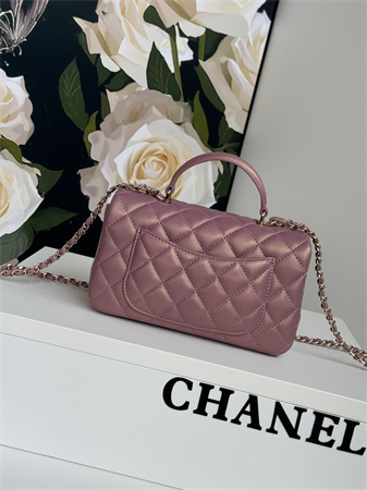 Chanel Mini Flap Bag With Top Handle Lambskin Gold Tone Metal Dk Pink AS2431
