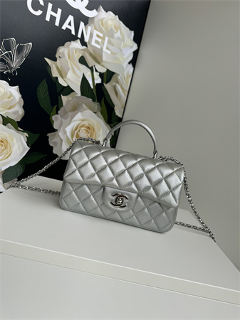 Chanel Mini Flap Bag With Top Handle Grained Calfskin Silver Tone Metal Silver AS2431