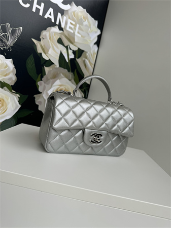 Chanel Mini Flap Bag With Top Handle Grained Calfskin Silver Tone Metal Silver AS2431
