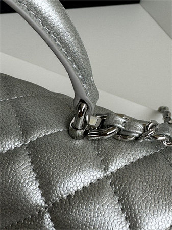 Chanel Mini Flap Bag With Top Handle Grained Calfskin Silver Tone Metal Silver AS2431