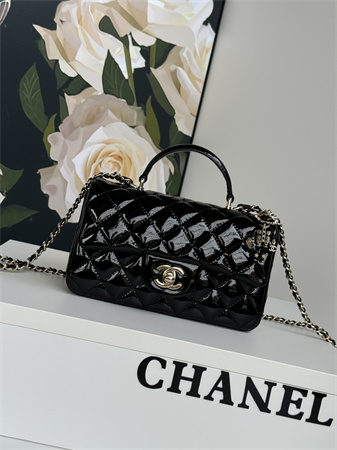 Chanel Mini Flap Bag With Top Handle Charm Patent Calfskin Gold Tone Metal Black AS2431