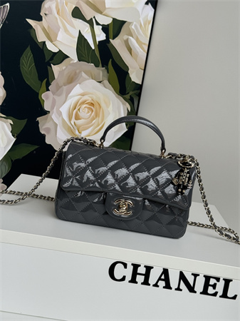 Chanel Mini Flap Bag With Top Handle Charm Patent Calfskin Gold Tone Metal Grey AS2431