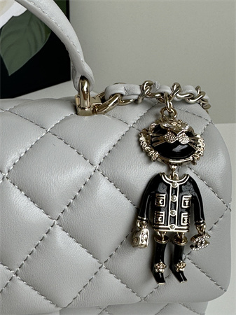 Chanel Mini Flap Bag With Top Handle Charm Lambskin Gold Tone Metal Grey AS2431