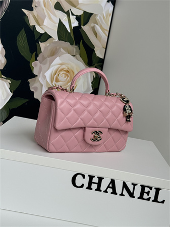 Chanel Mini Flap Bag With Top Handle Charm Lambskin Gold Tone Metal Pink AS2431