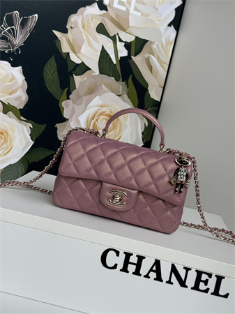 Chanel Mini Flap Bag With Top Handle Charm Lambskin Gold Tone Metal Dk Pink AS2431