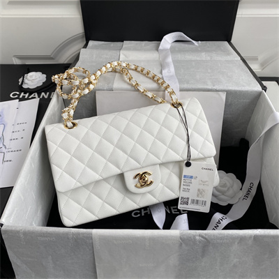 Chanel Medium Classic Flap Bag Grained Calfskin Gold Tone Metal White 01112