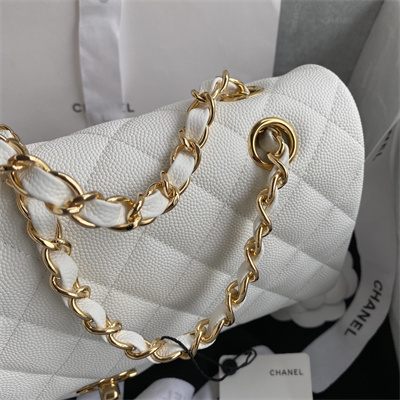 Chanel Medium Classic Flap Bag Grained Calfskin Gold Tone Metal White 01112