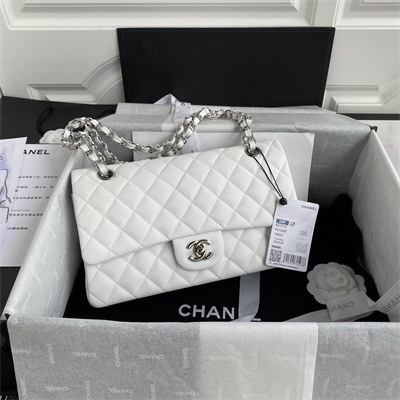 Chanel Medium Classic Flap Bag Grained Calfskin Silver Tone Metal White 01112