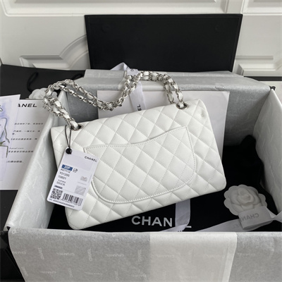 Chanel Medium Classic Flap Bag Grained Calfskin Silver Tone Metal White 01112