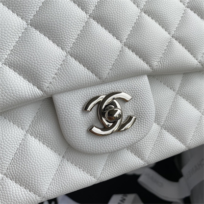 Chanel Medium Classic Flap Bag Grained Calfskin Silver Tone Metal White 01112