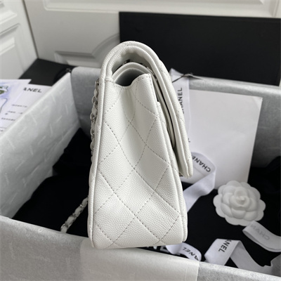 Chanel Medium Classic Flap Bag Grained Calfskin Silver Tone Metal White 01112