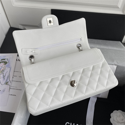 Chanel Medium Classic Flap Bag Grained Calfskin Silver Tone Metal White 01112
