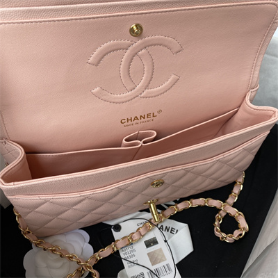 Chanel Medium Classic Flap Bag Grained Calfskin Gold Tone Metal Pink 01112